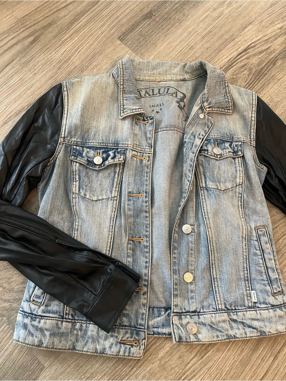 Talula Light Blue Denim Jacket with Black Faux Leather Sleeves